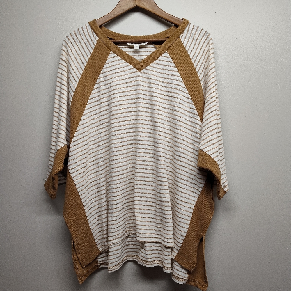 Weekend Suzanne Betro Top Women Plus 3X Brown Cream Stripes Stretch Autumn